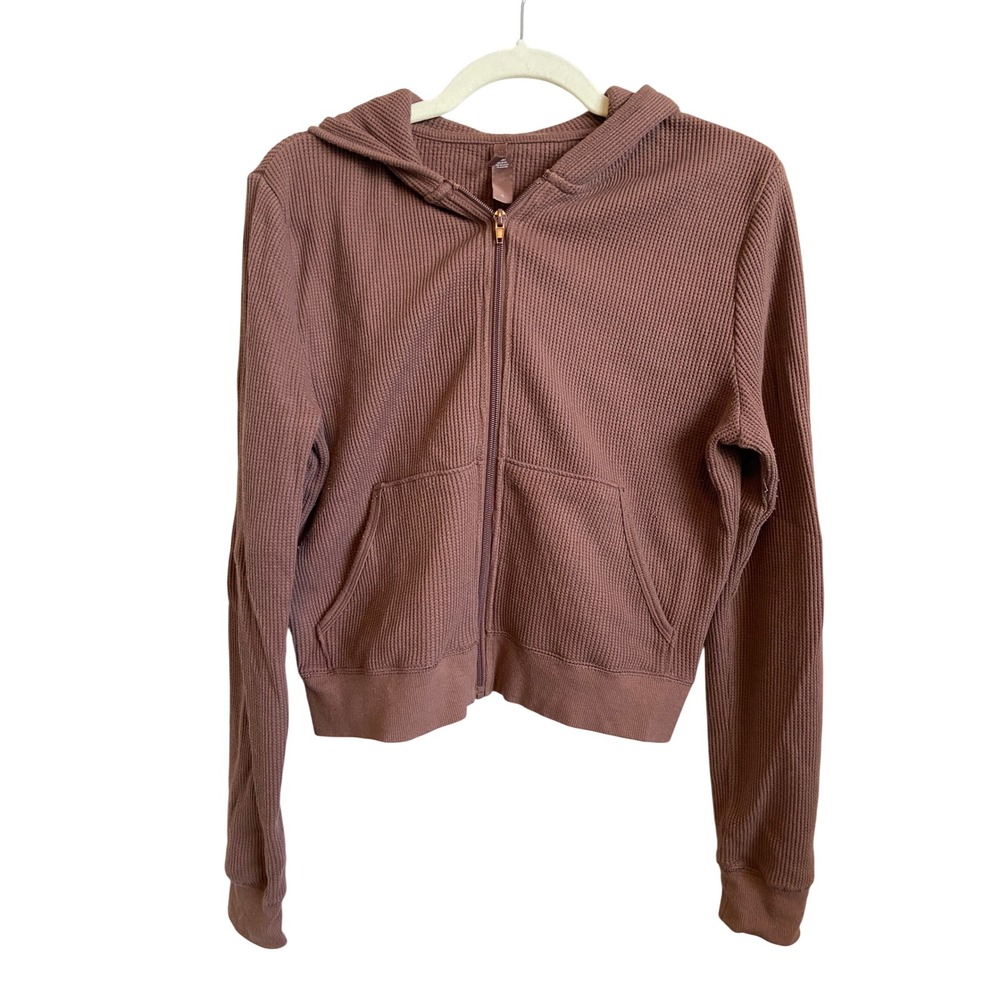 SKIMS Waffle Knit Zip Up Hoodie Rose Clay Brown Cropped Thermal XL